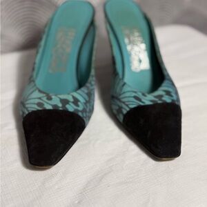 Salvatore Ferragamo Turquoise Patterned Pointed-Toe Mules with Black Cap Toe